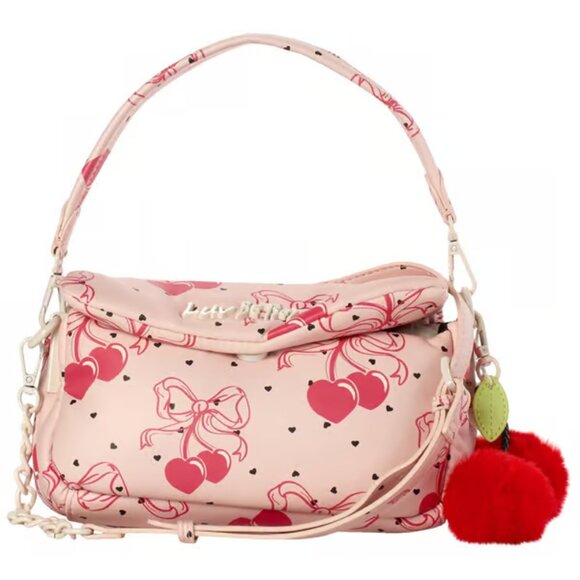 Betsey Johnson Blush Coquette Cherry Flap Shoulder Bag PomPom Charm NWT - Picture 1 of 5